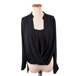 BCBG Top Max Azria Jaclyn Womens Medium Black Long Sleeve Draped Highlow Blouse